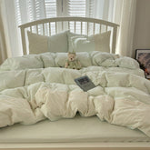 Sophia Gingham Lace Washed Cotton Bedding Set - Light Green
